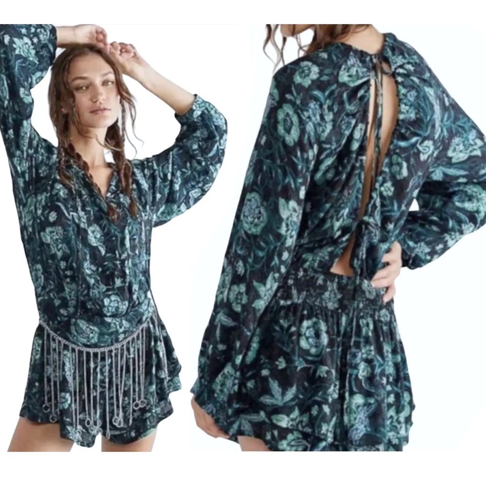 NEW Free People Dance 'Til Dawn Romper Blue Green Floral Printed Keyhole Til